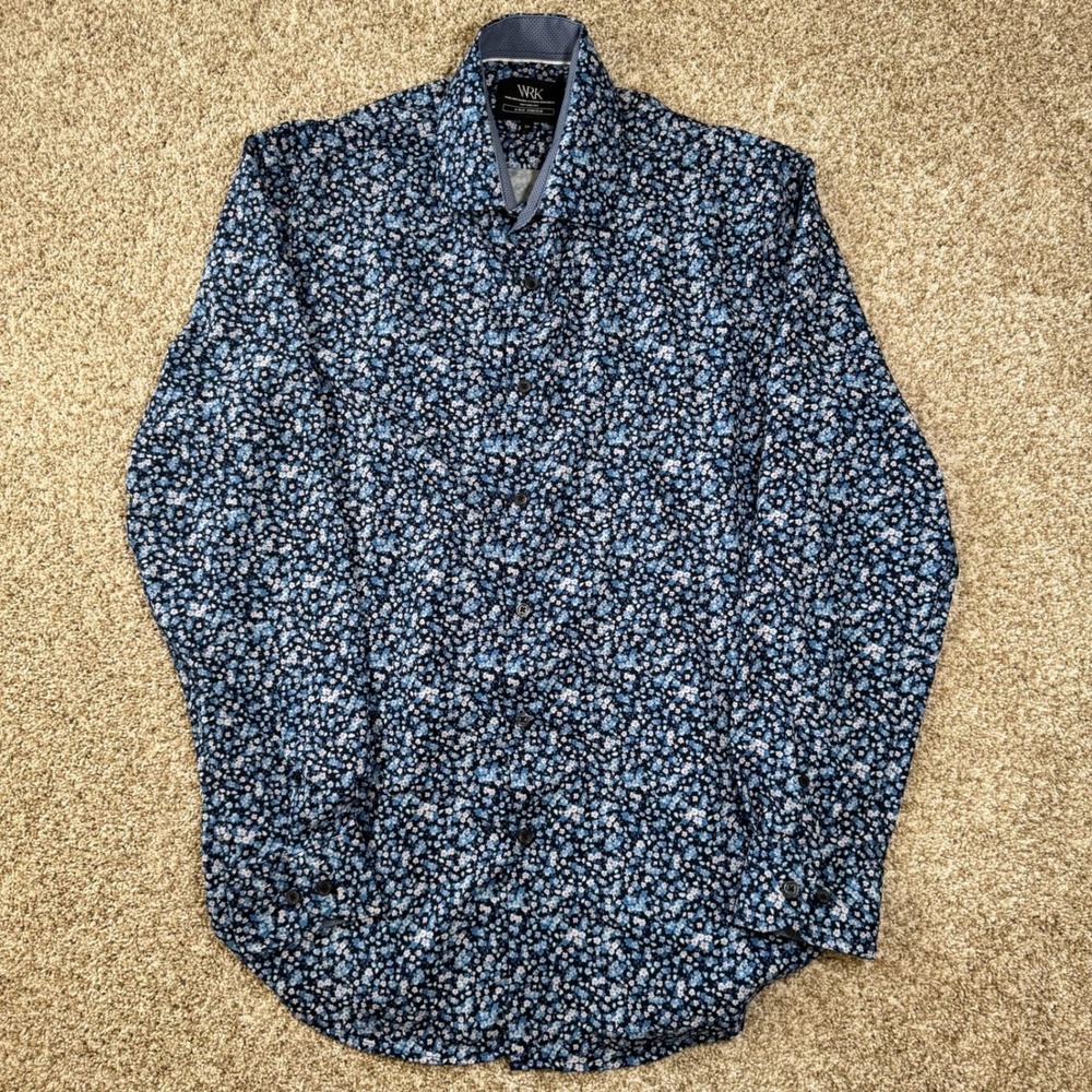 WRK Men Size 16 Blue 4 Way Stretch Floral Print‎ Casual Long Sleeve Dress Shirt